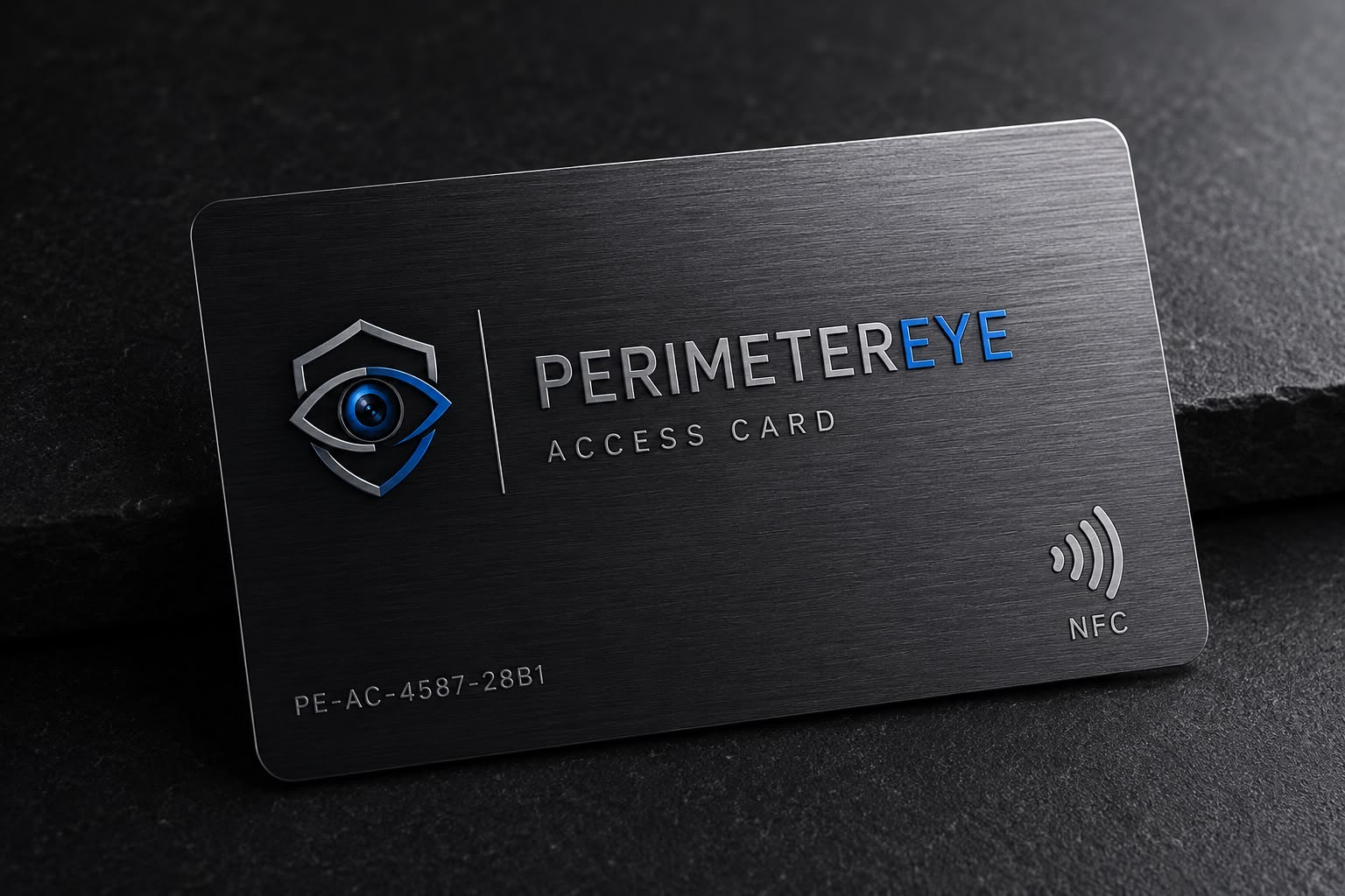 Brushed-metal PerimeterEye NFC access card with the PerimeterEye logo, a unique card ID, and NFC tap symbol
