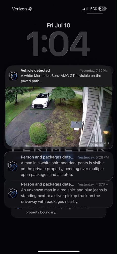 Real PerimeterEye iPhone lock-screen notifications: 'A white Mercedes Benz AMG GT is visible on the paved path' with the AI-analyzed camera frame of the car, 'A man in a white shirt and dark pants is visible on the private property, bending over multiple open packages and a laptop,' and 'An unknown man in a red shirt and blue jeans is standing next to a silver pickup truck on the driveway with packages nearby'