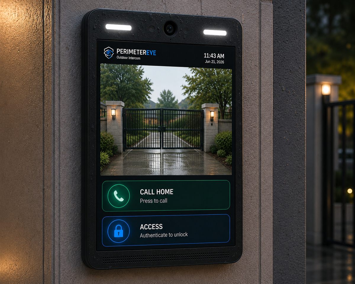 PerimeterEye Intercom outdoor unit beside a gated entrance showing a live gate view with Call Home and Access controls