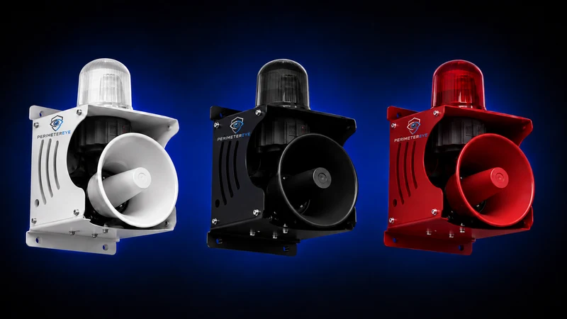 PerimeterEye siren and strobe units in white, black and red