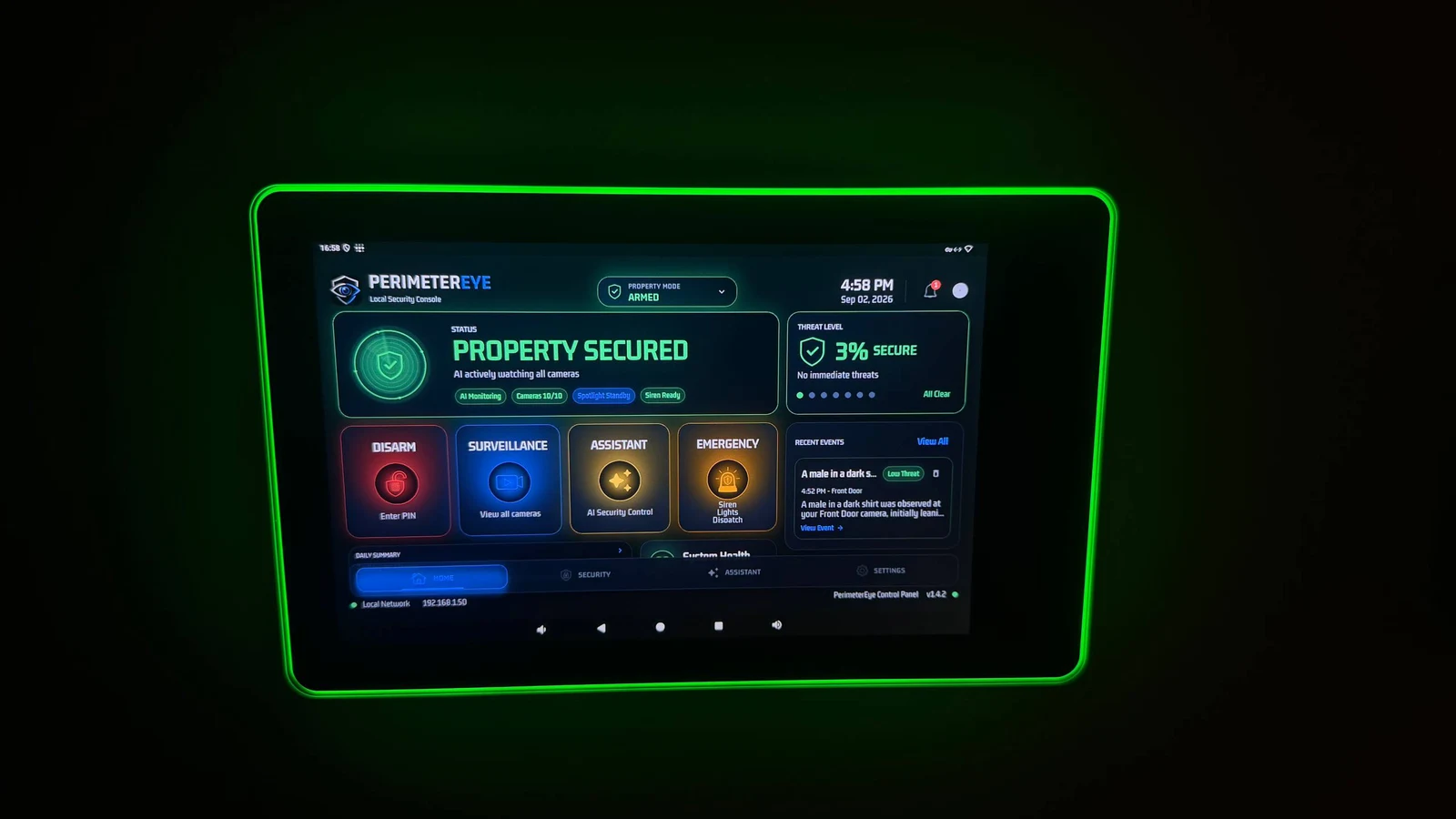 Real PerimeterEye indoor wall panel installed in a home, displaying property status and controls
