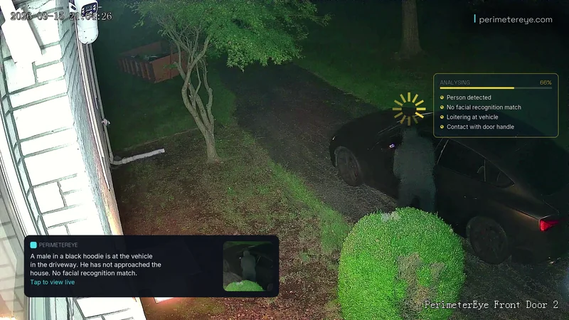 The same view with the PerimeterEye analysis panel and a phone alert describing the person at the car