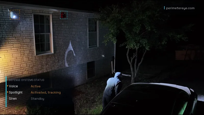 The searchlight lighting the person in the black hoodie at the car, with the status panel showing Spotlight activated, tracking